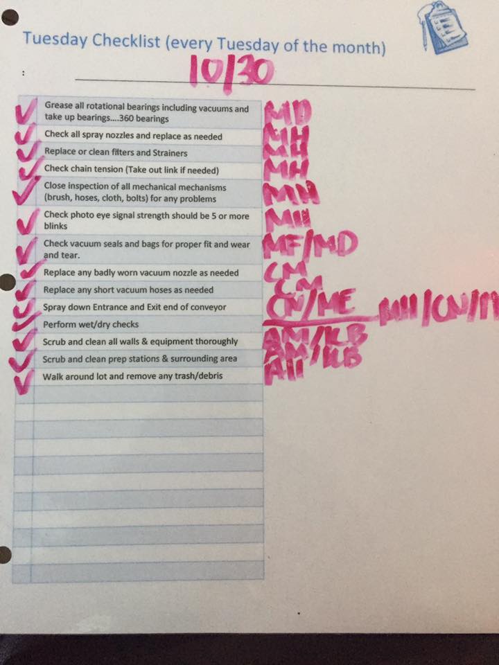 example of a car wash maintenance sheet